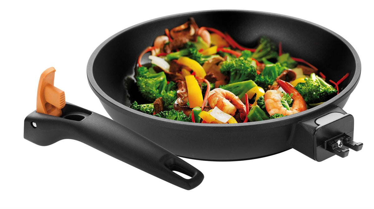 Stegepande på 28 cm i støbt aluminium med non-stick belægning og aftageligt håndtag