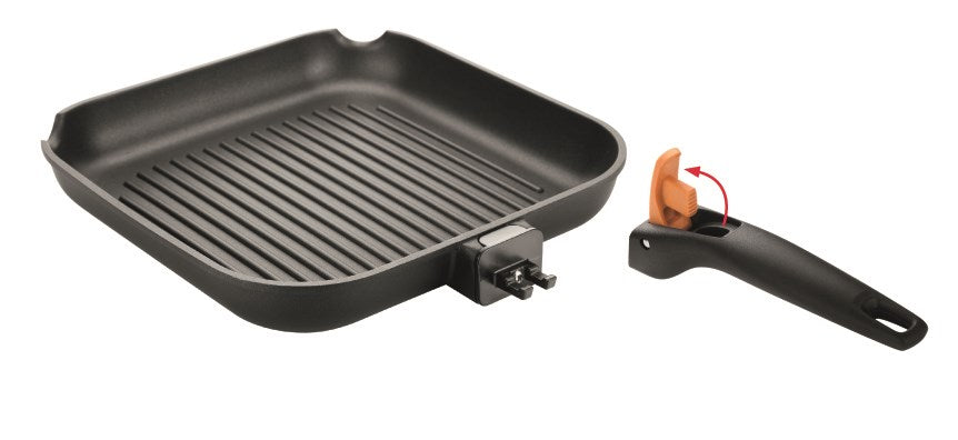 Firkantet grillpande 26 x 26 cm i støbt aluminium med aftageligt håndtag
