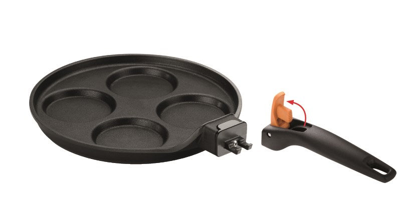 Stegepande til blinis og spejlæg i støbt aluminium med non-stick og aftageligt håndtag
