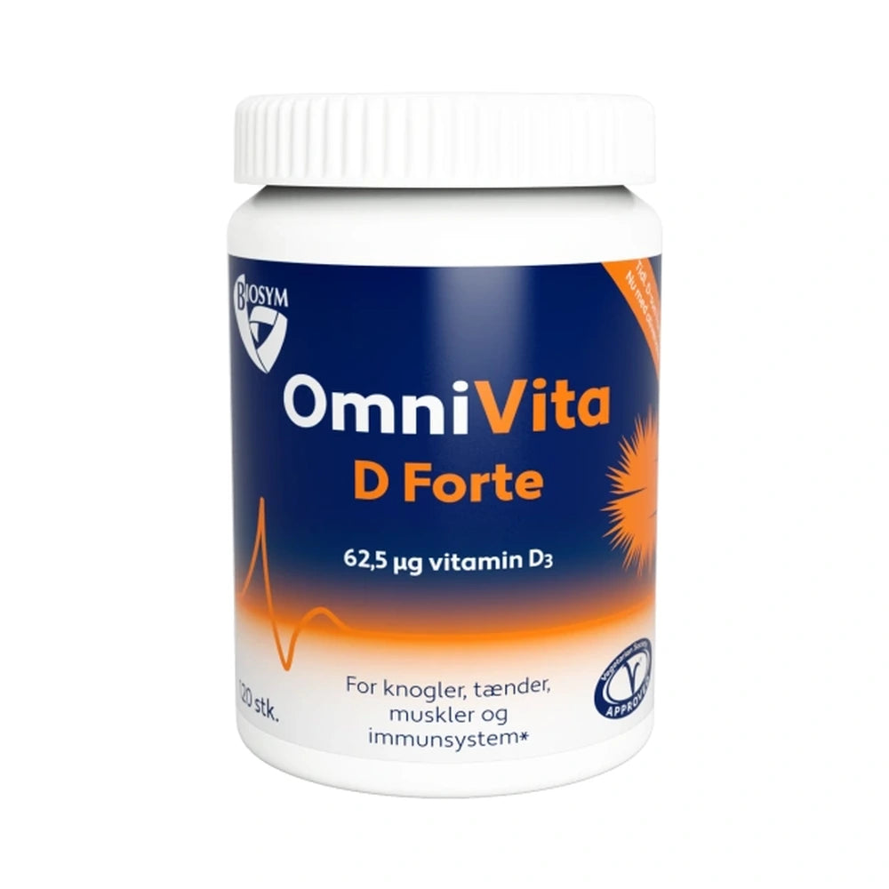 Pakning med Biosym OmniVita D Forte D-vitamin 62,5 µg, 120 stk.