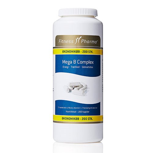 Pakning med Fitness Pharma Mega B Complex vitamintilskud, 200 kapsler