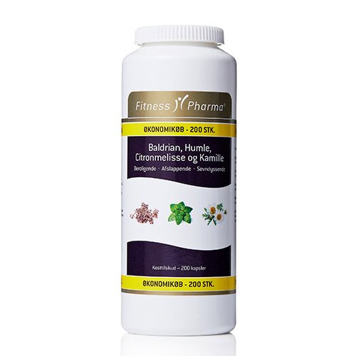 Fitness Pharma kosttilskud med baldrian, humle, citronmelisse og kamille, 200 kapsler