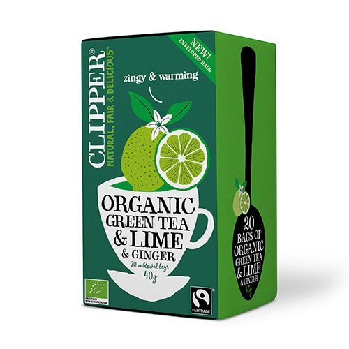 Æske med Clipper økologisk grøn te med lime og ingefær, Fairtrade, 20 breve