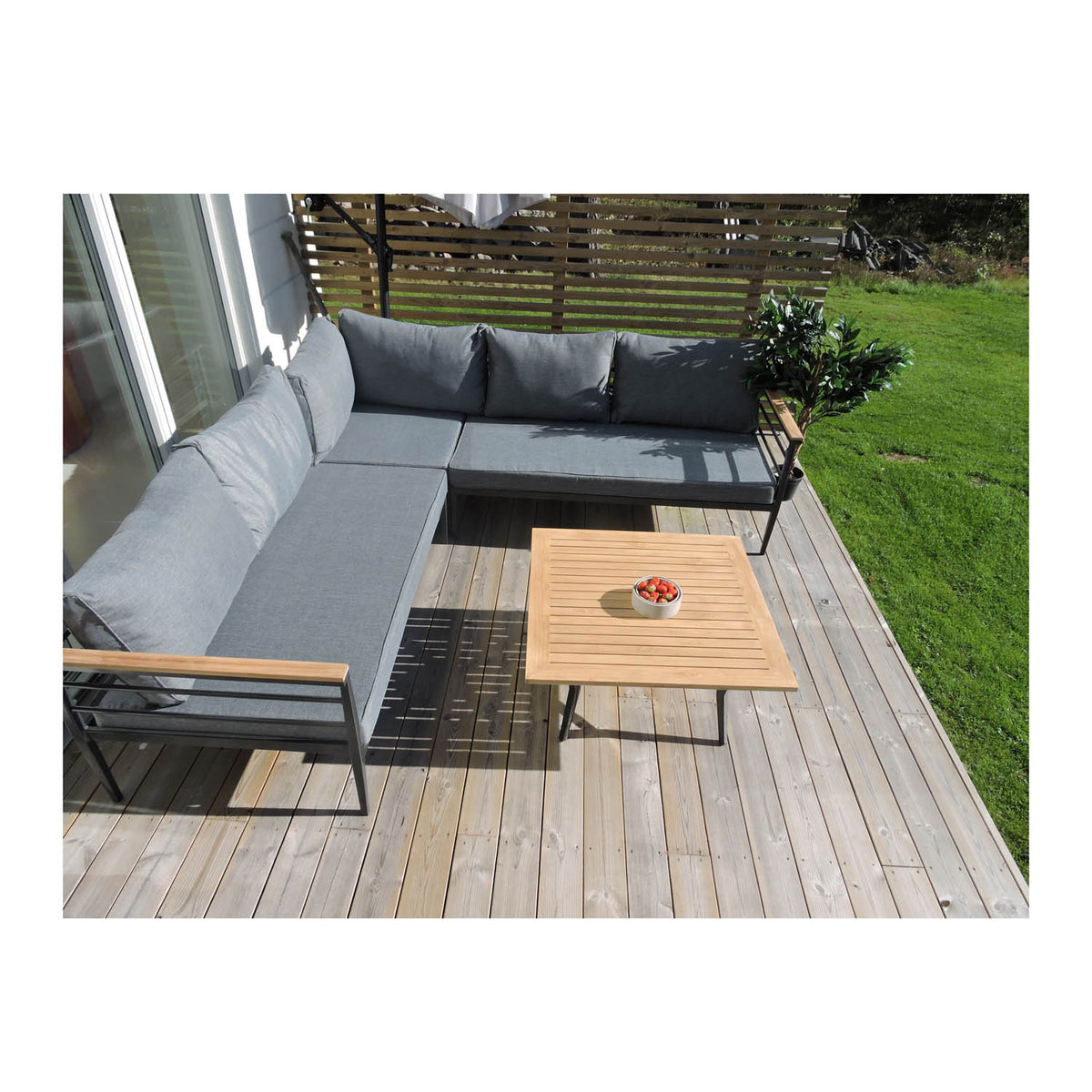 Venture Design Mexico hjørne havesofa med havebord og hynder, grå polyester, aluminium og teaktræ