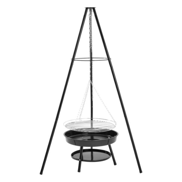 Sort Kynast tripod hængegrill med bålfad og trebenet stativ fra Koop