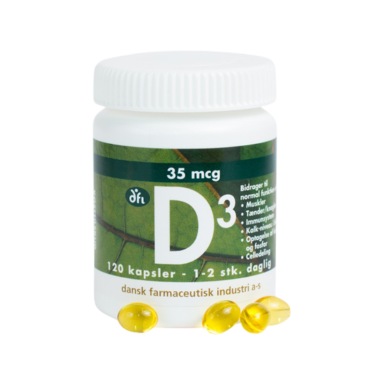 Pakke med DFI D-vitamin 35 mcg fra Grønne Vitaminer, 120 kapsler