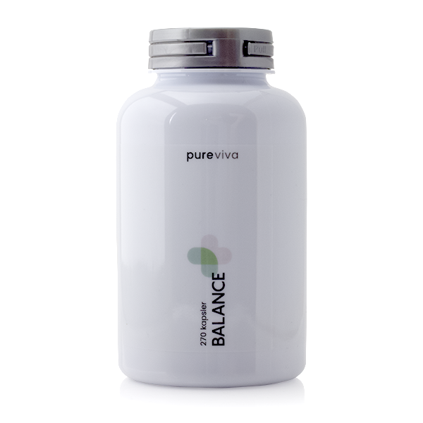 Glas med Pureviva Balance kosttilskud med magnesium, B-vitaminer og ginseng, 270 kapsler
