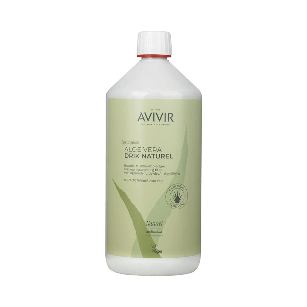 Emballage med AVIVIR Aloe Vera Drikke Naturel, 1000 ml