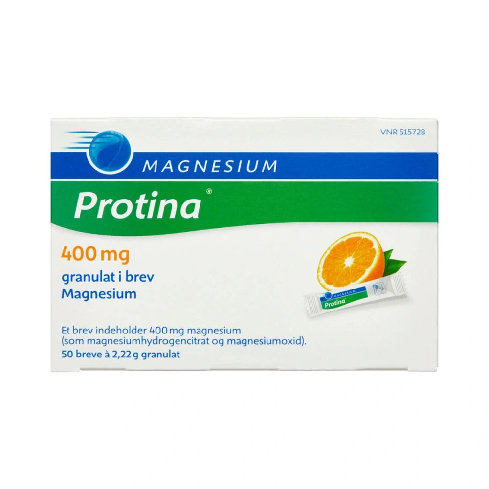 Pakning med Protina Magnesium 400 mg granulat i breve, 50 stk.