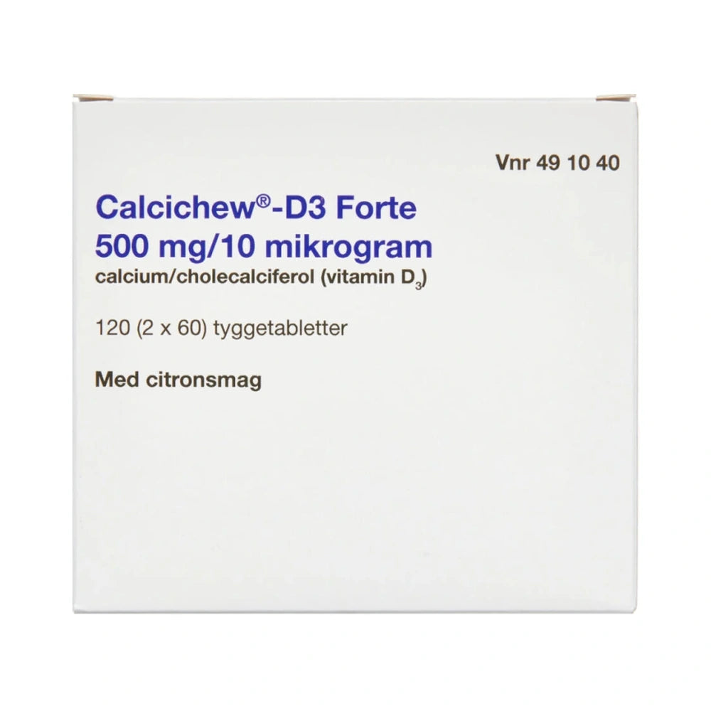 Pakning med 2care4 Calcichew D3 Forte tyggetabletter, 120 stk.