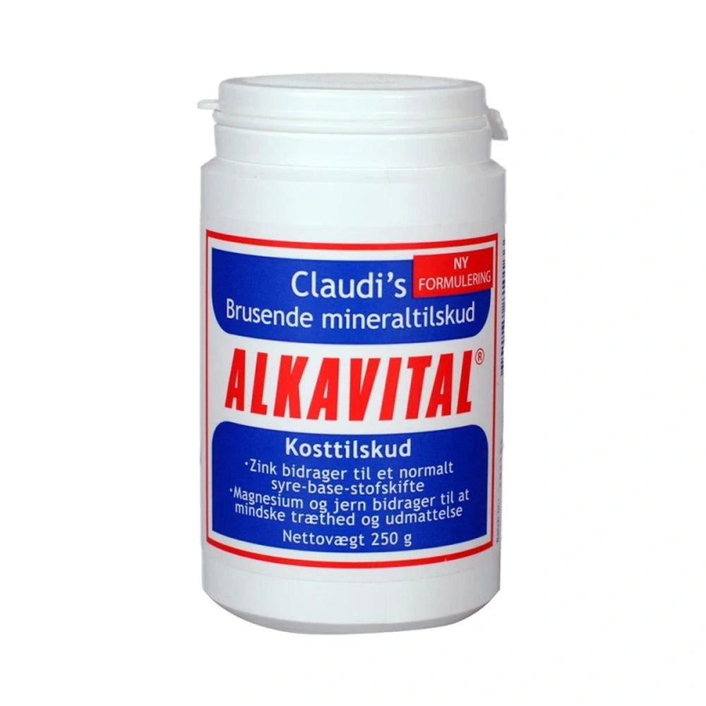 Beholder med Claudi's Alkavital brusende mineraltilskud i pulver, 250 g