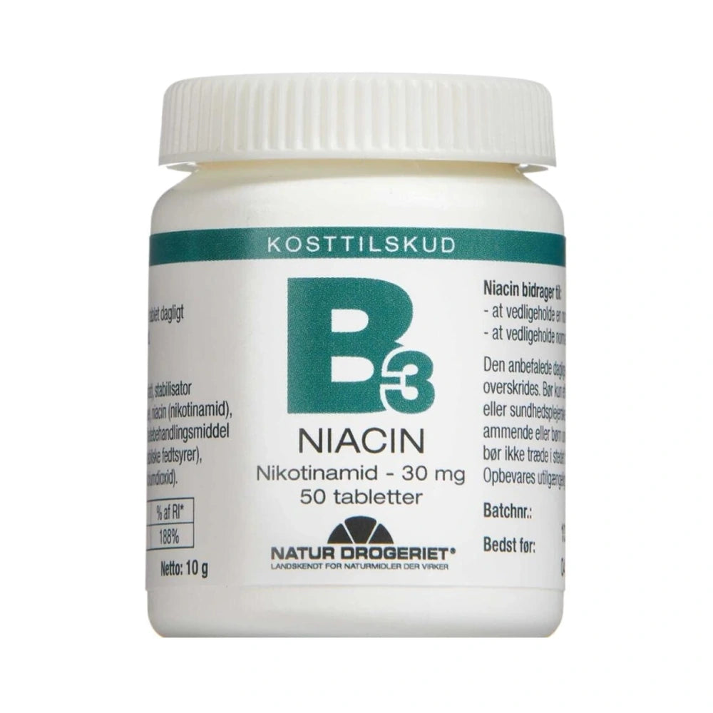 Pakning med B3 Niacin 30 mg tabletter, 50 stk.