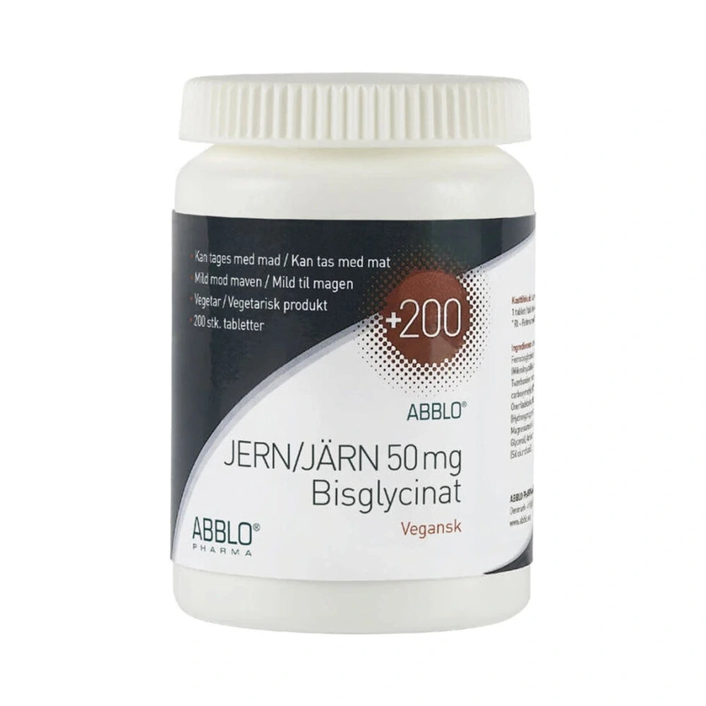 Pakning med ABBLO Jern 50 mg bisglycinat tabletter, 200 stk.