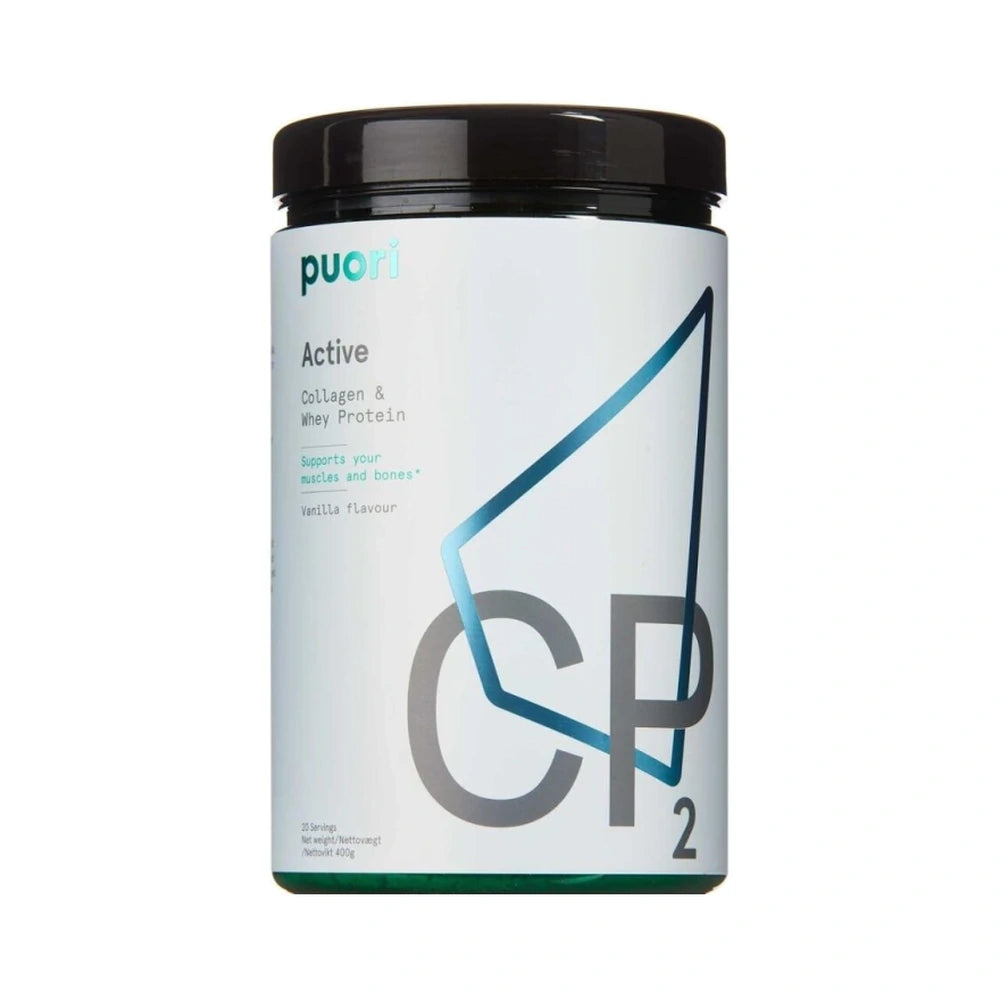 Pakning med Puori CP2 Active kollagen og valleprotein med vaniljesmag, 400 g