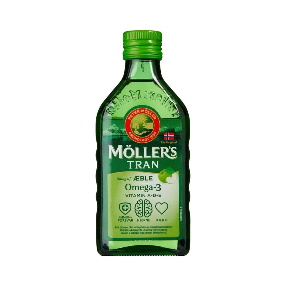 Flaske med Møllers Tran med æblesmag, omega-3 olie, 250 ml