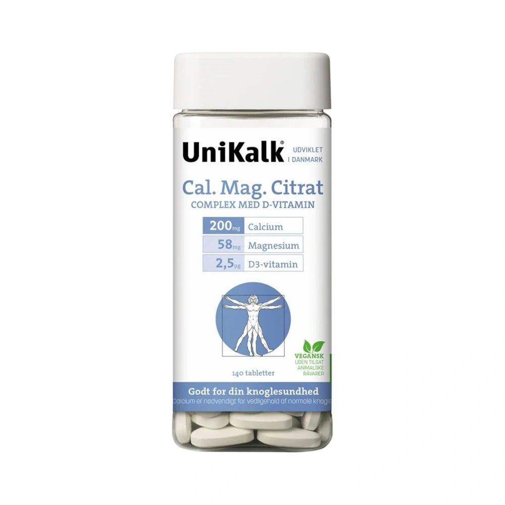 Pakning med UniKalk Cal-Mag-Citrat tabletter, kalk, magnesium og D-vitamin