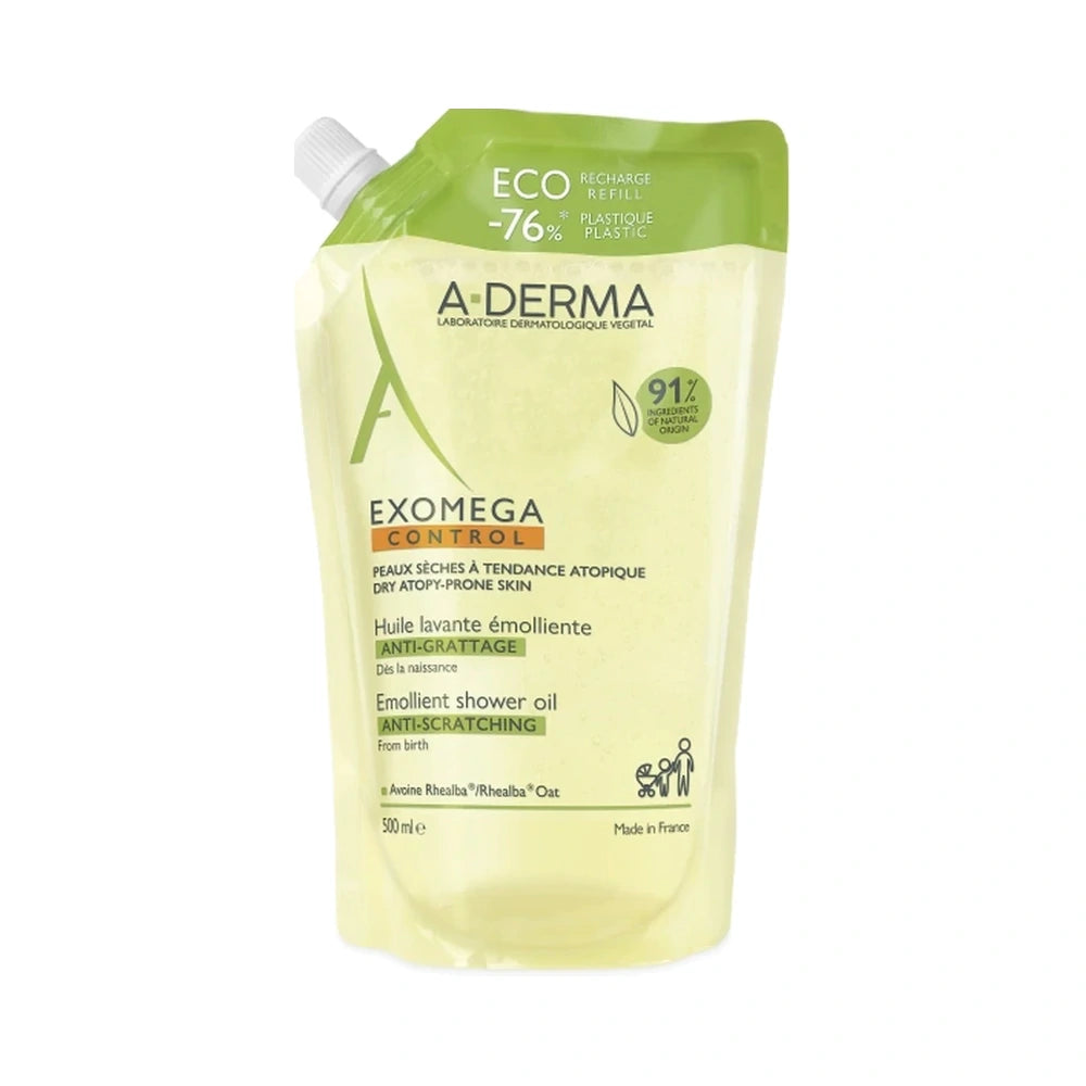 Refill-flaske med A-Derma Exomega Control Shower Oil, vaskeolie, 500 ml