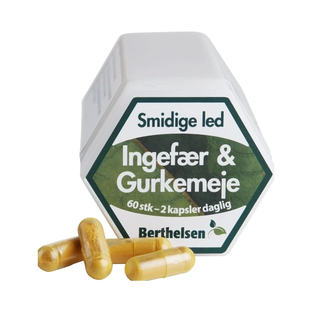 Pakning med Berthelsen Ingefær og Gurkemeje, vegansk kosttilskud i kapsler