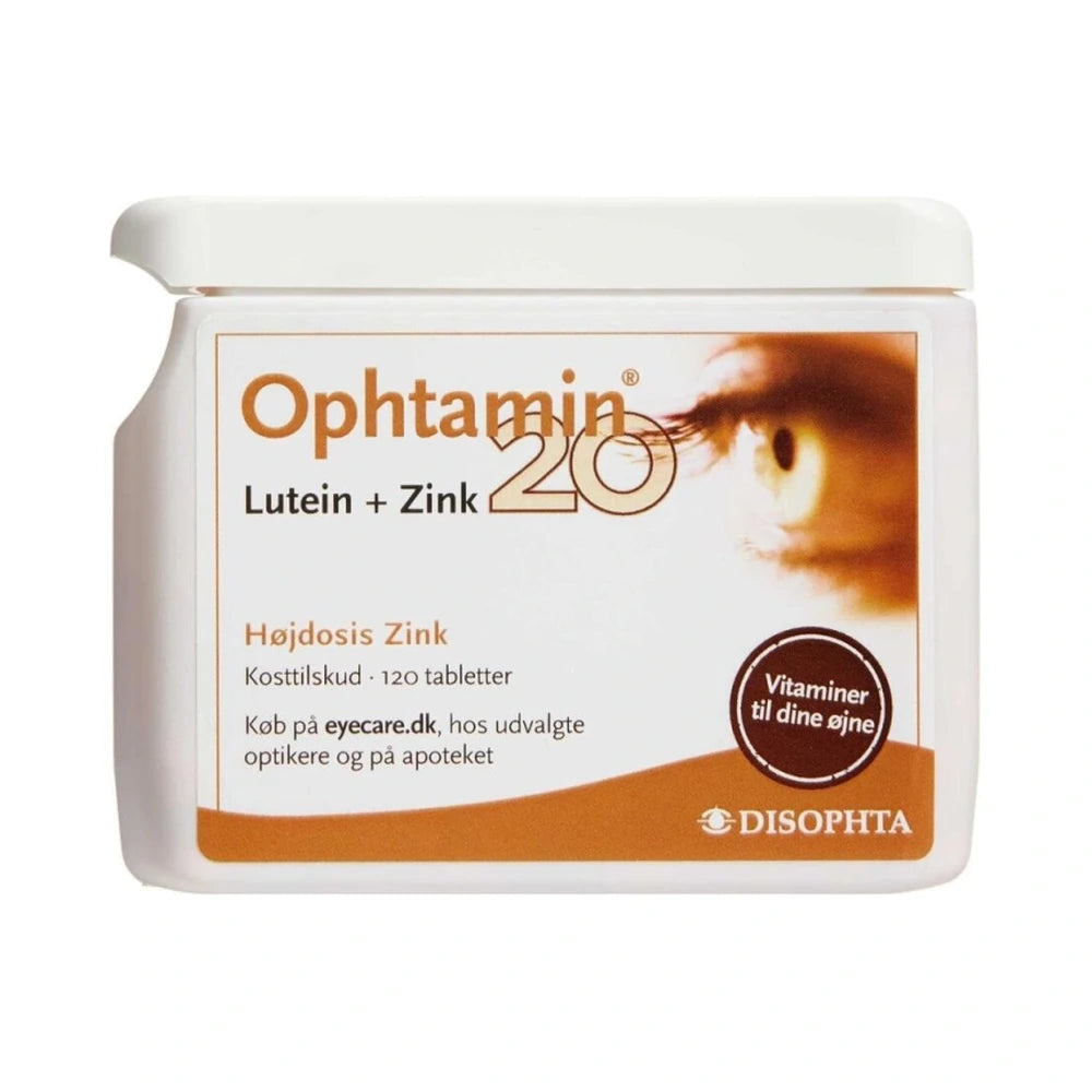 Pakke med Ophtamin 20 Lutein + Zink tabletter, 120 stk