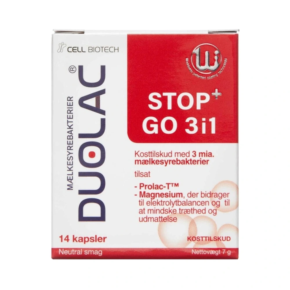 Pakke med Duolac Stop+Go 3i1 kapsler med mælkesyrebakterier, 14 stk