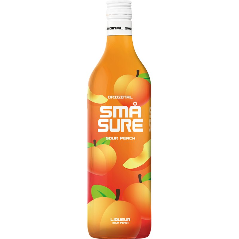 Flaske Små Sure Peach Shots likør, 1 liter, med orange farve