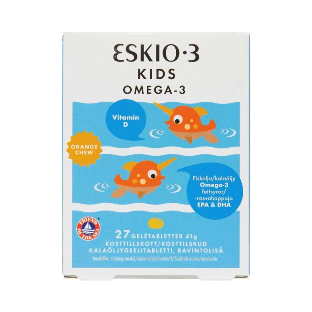 Pakke med Eskio-3 Kids Chewable vitamin D med appelsinsmag, 27 stk