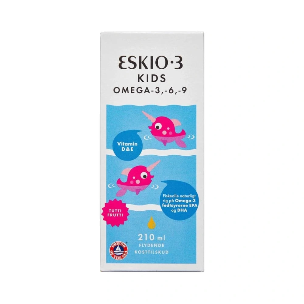 Flaske med Eskio-3 Kids Omega-3, -6, -9 flydende kosttilskud til børn, 210 ml, smag Tutti-Frutti