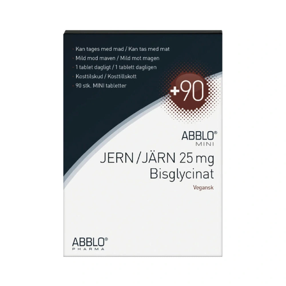 Pakke med ABBLO Jern 25 mg bisglycinat tabletter, 90 stk