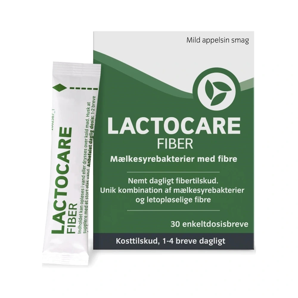 Pakke med Lactocare Fiber Breve kosttilskud med fibre og mælkesyrebakterier, 30 stk