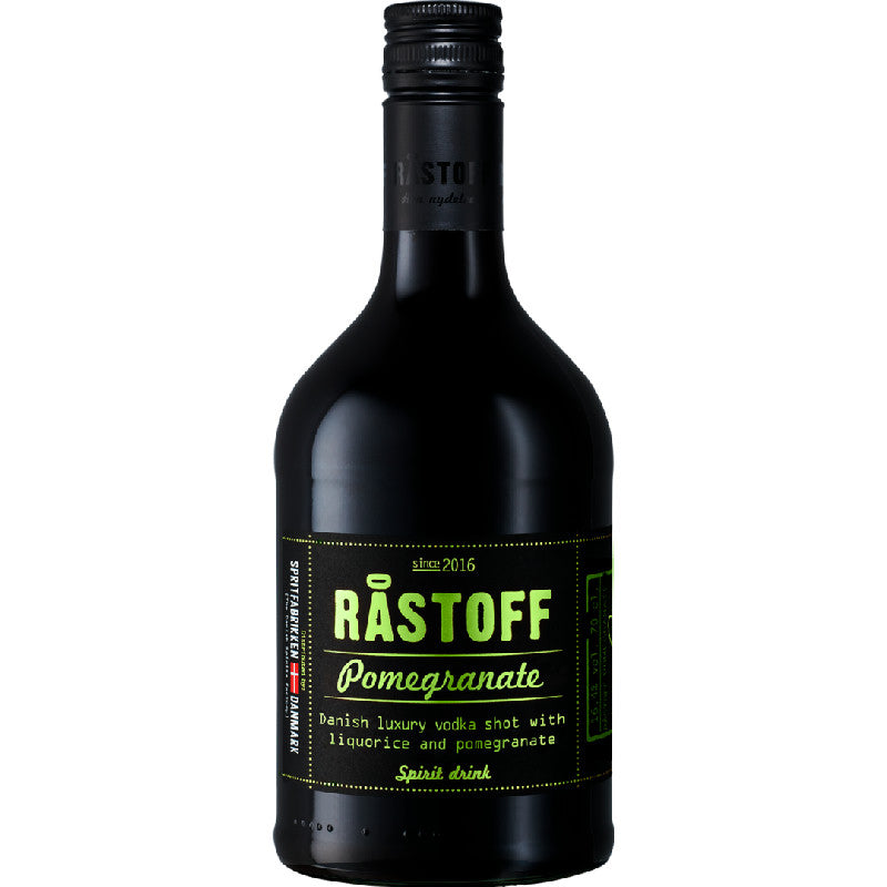 Flaske Råstoff Pomegranate vodkashot med granatæble og lakridspulver