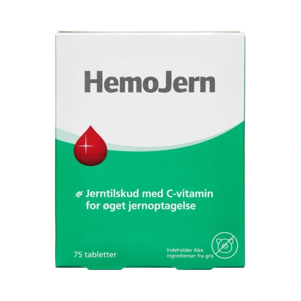 Pakke med HemoJern jerntilskud i tabletform med tilsat C-vitamin, 75 stk