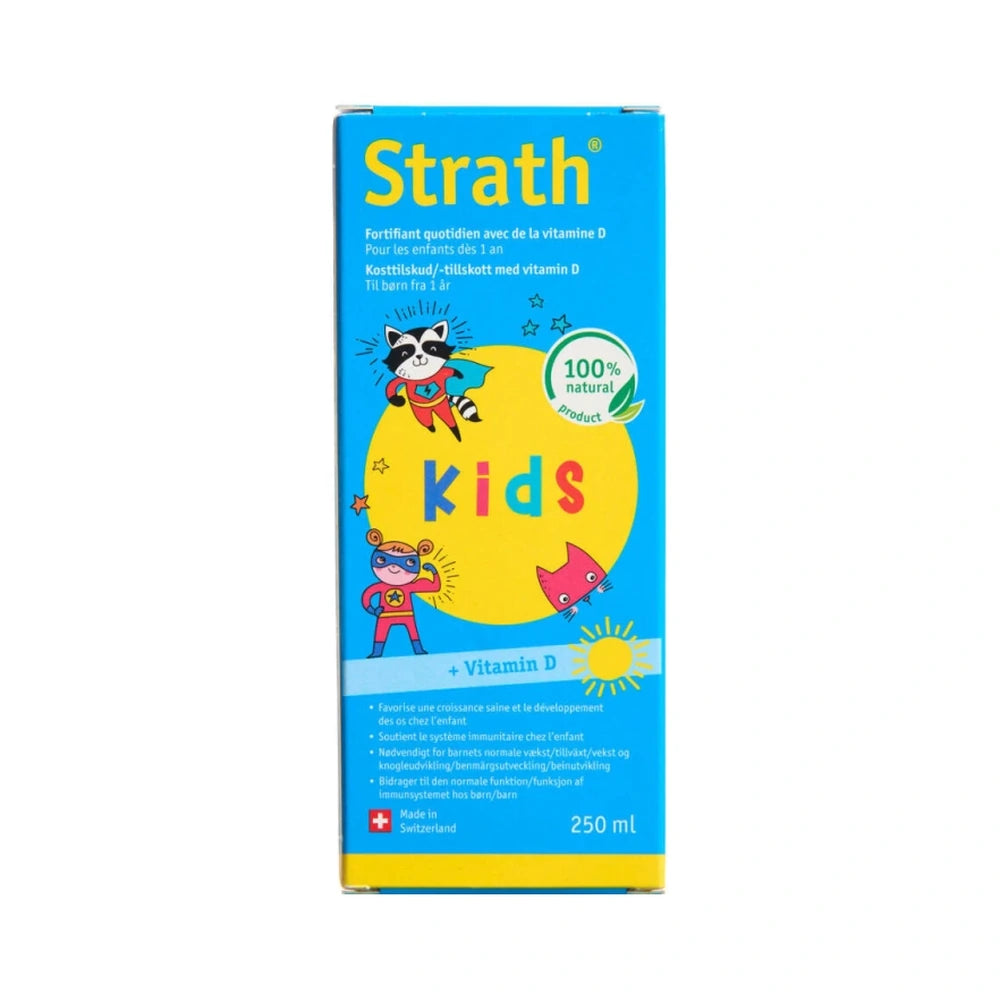 Flaske med Strath Kids flydende kosttilskud med vitamin D til børn, 250 ml