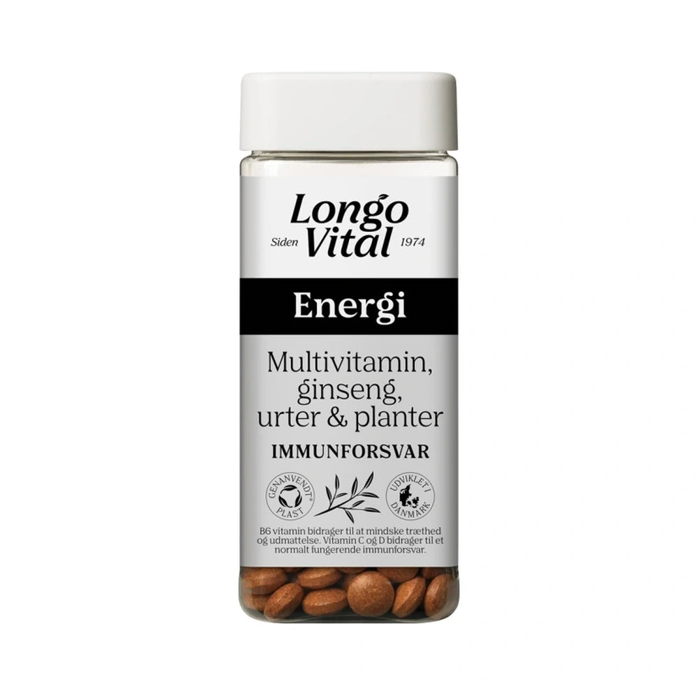Pakke med Longo Vital Energi multivitamin med ginseng, urter og planter, 180 stk