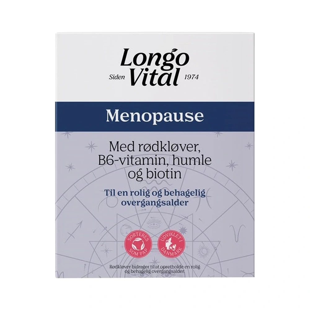 Pakke med Longo Vital Menopause kosttilskud, 60 stk., med ekstrakt af rødkløver og humle