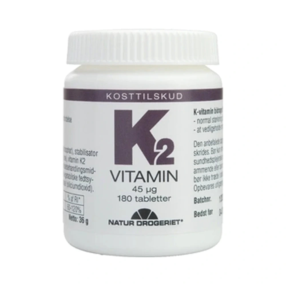 Pakning med Natur Drogeriet K2-vitamin 45 µg kosttilskud, 180 stk.