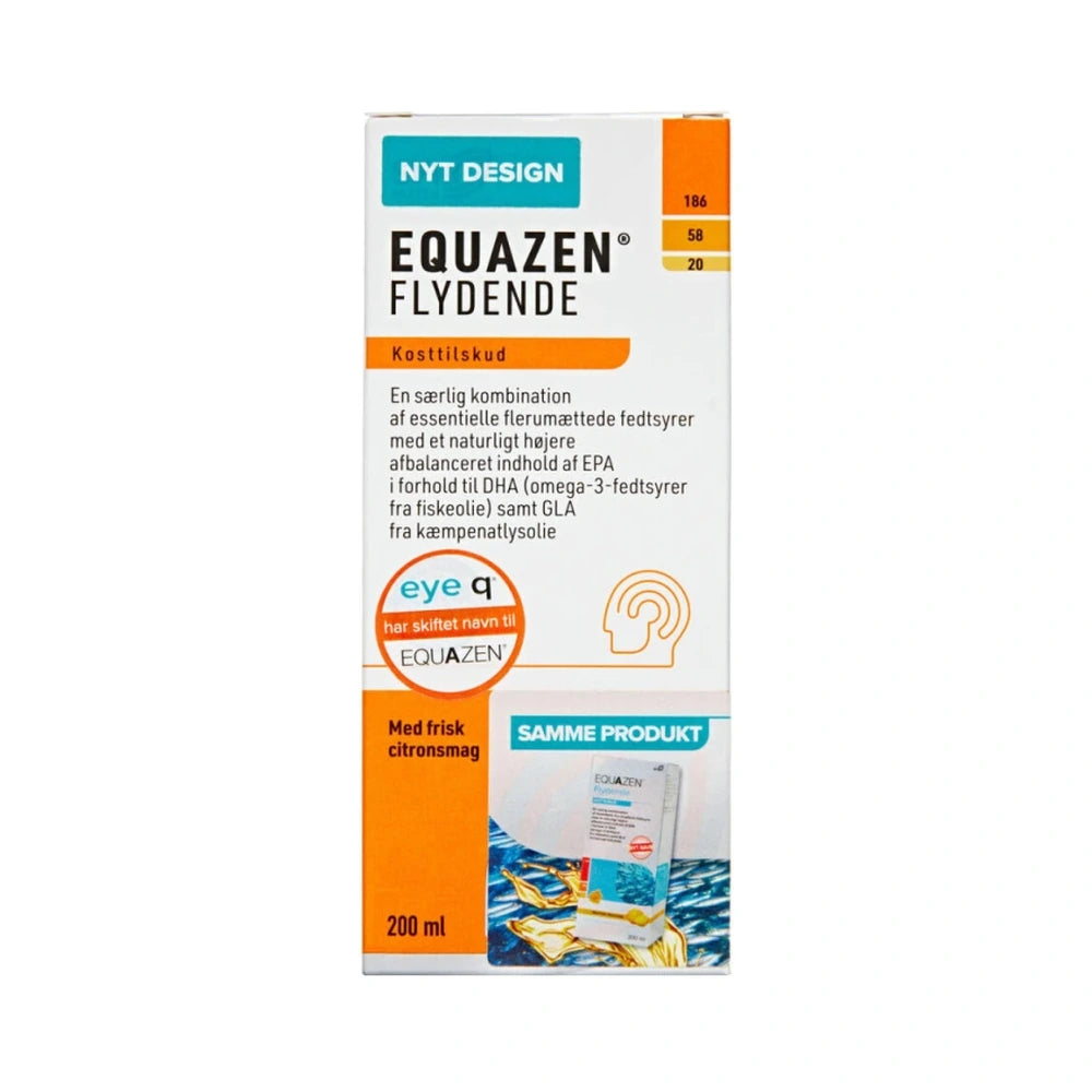 Flaske med Equazen Flydende omega-3 kosttilskud, 200 ml.