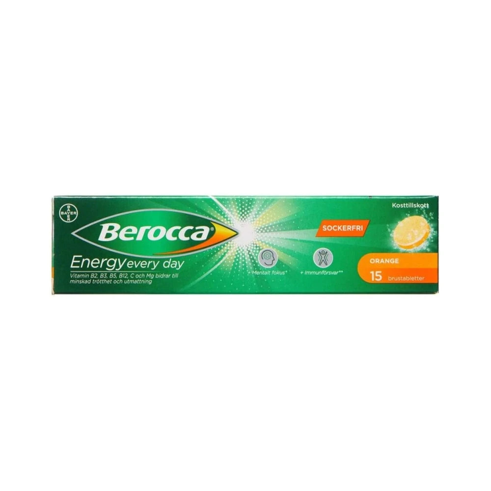 Lille pakke med 15 Berocca Orange brusetabletter, kosttilskud med vitaminer og zink