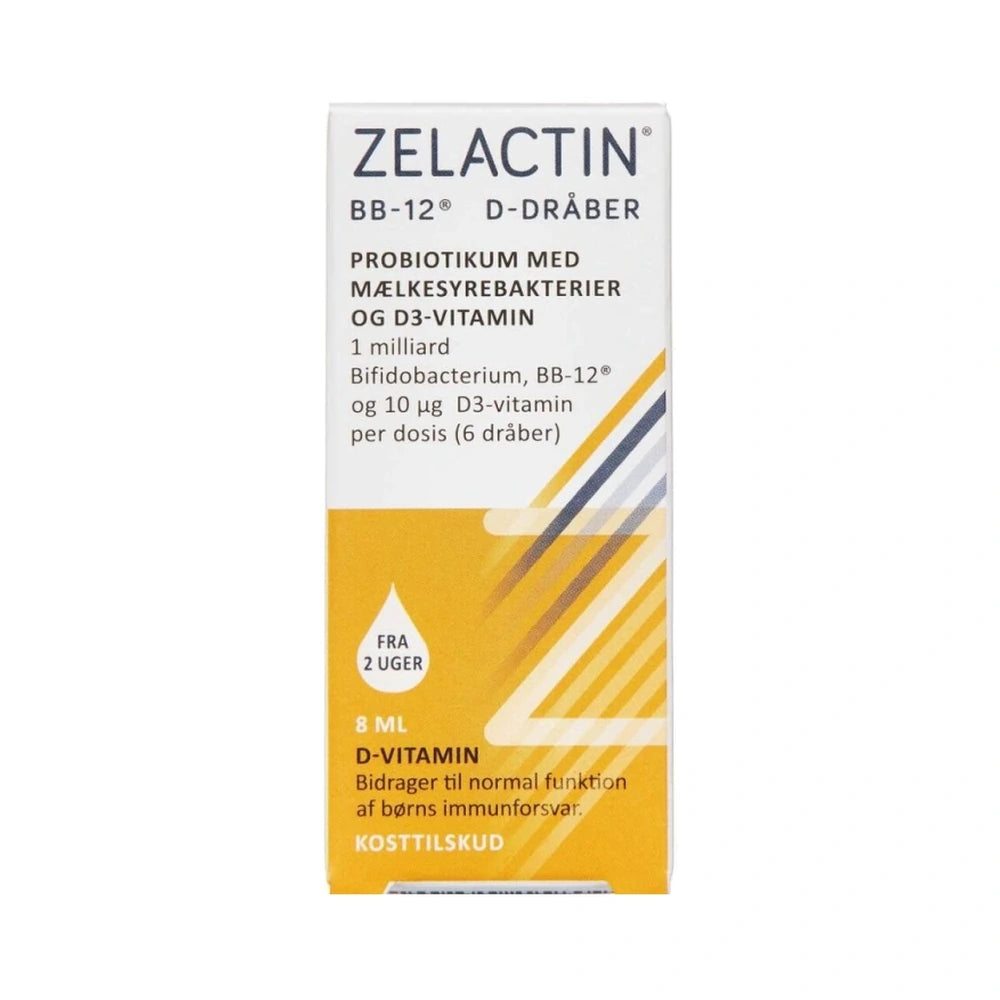 Flaske med Zelactin BB-12 D-dråber 8 ml, kosttilskud med mælkesyrebakterier og D-vitamin
