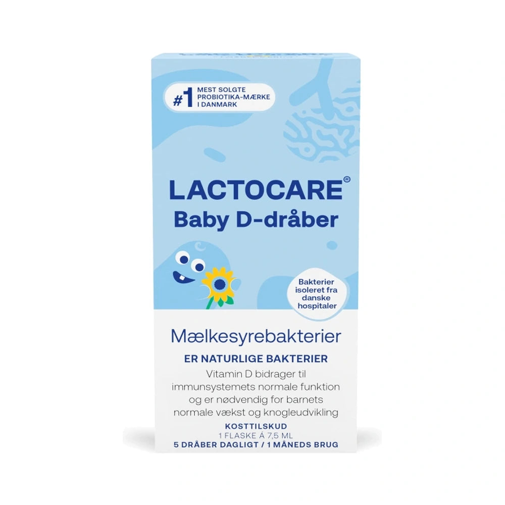 Flaske med Lactocare Baby D-dråber 7,5 ml, tilskud med mælkesyrebakterier og vitamin D3