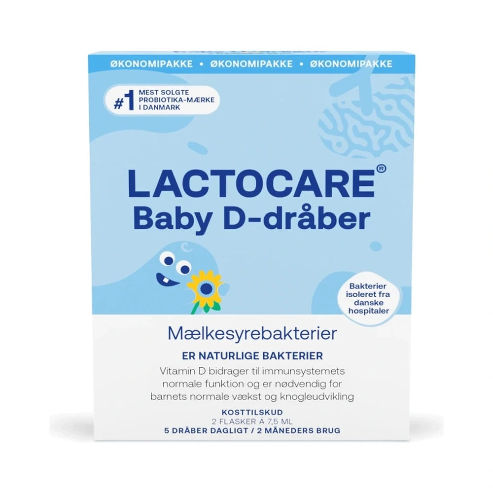 Lactocare Baby D-dråber 2-pak med to flasker à 7,5 ml, tilskud med mælkesyrebakterier og vitamin D3