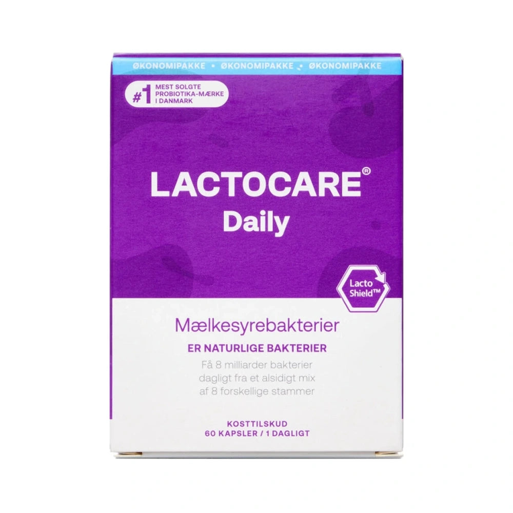 Pakke med Lactocare Daily kosttilskud med mælkesyrebakterier og zink, 60 stk