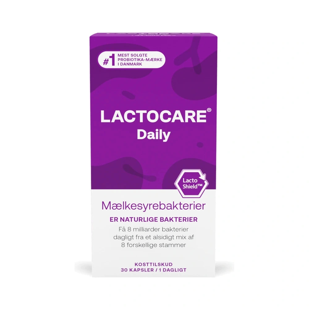 Pakke med Lactocare Daily kosttilskud med mælkesyrebakterier og zink, 30 stk