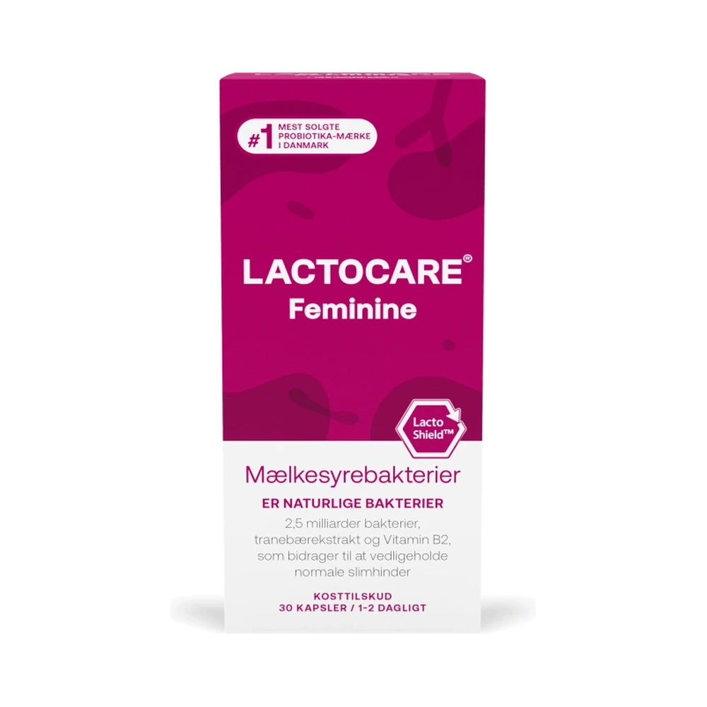 Pakke med Lactocare Feminine kosttilskud med mælkesyrebakterier og tranebærekstrakt