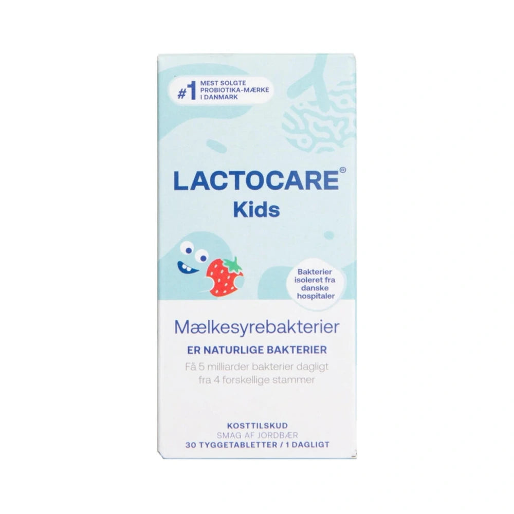 Pakke med Lactocare Kids tyggetabletter med mælkesyrebakterier til børn, 30 stk