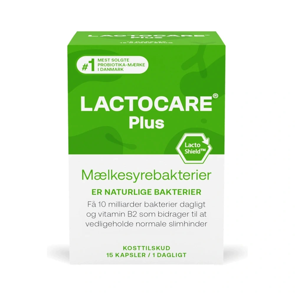 Pakke med Lactocare Plus kapsler med mælkesyrebakterier og vitamin B2, 15 stk