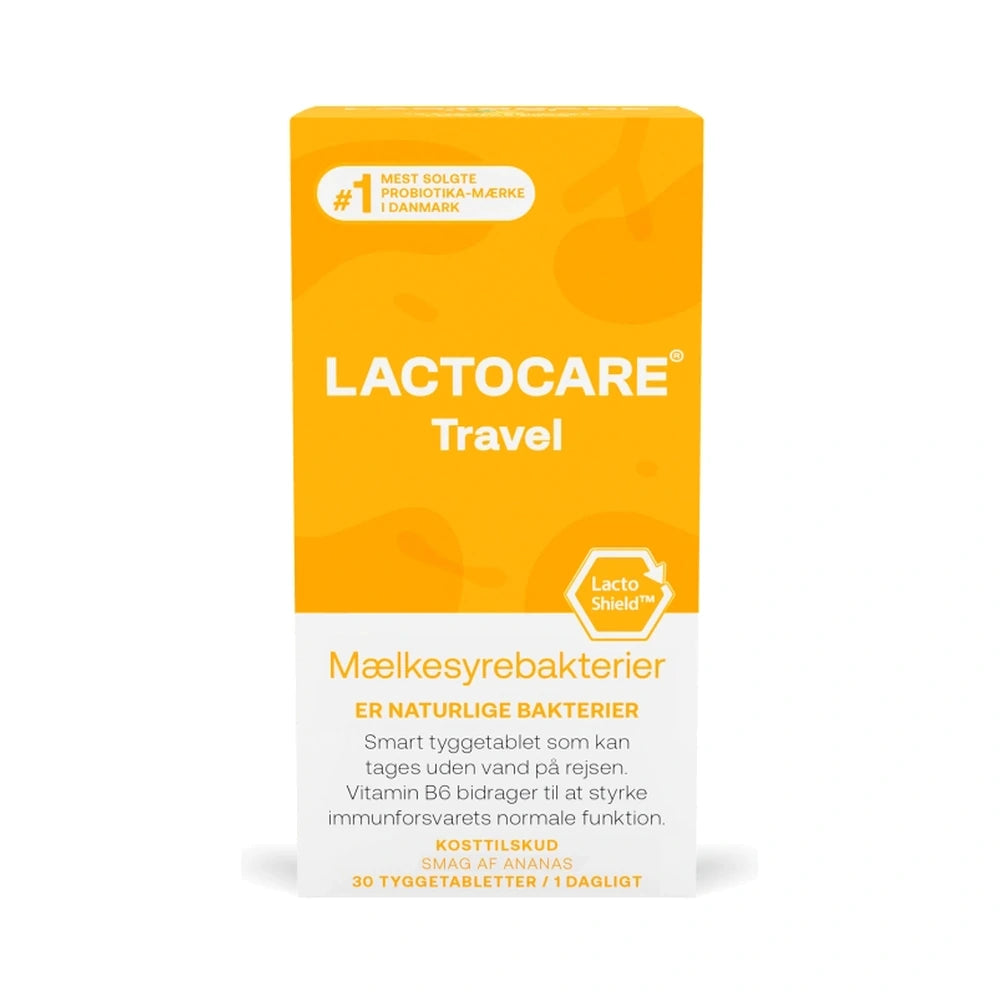 Pakke med Lactocare Travel kosttilskud med mælkesyrebakterier og vitamin B6, 30 stk
