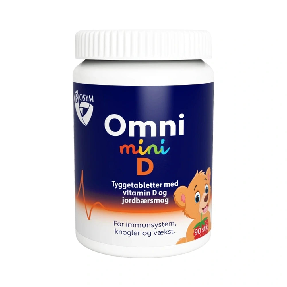 Pakke med Biosym OmniMini D tyggetabletter med vitamin D3 og jordbærsmag, 90 stk