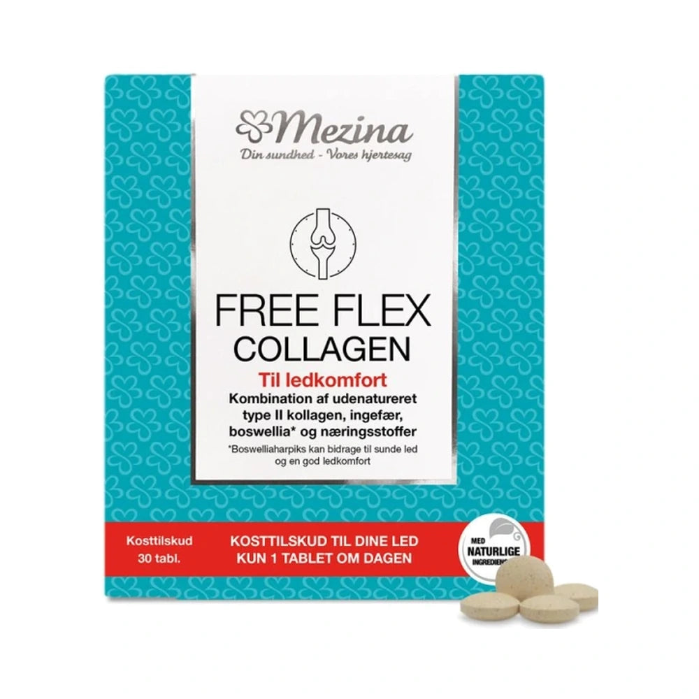 Pakke med Mezina Free Flex Collagen tabletter med type II kollagen, 30 stk