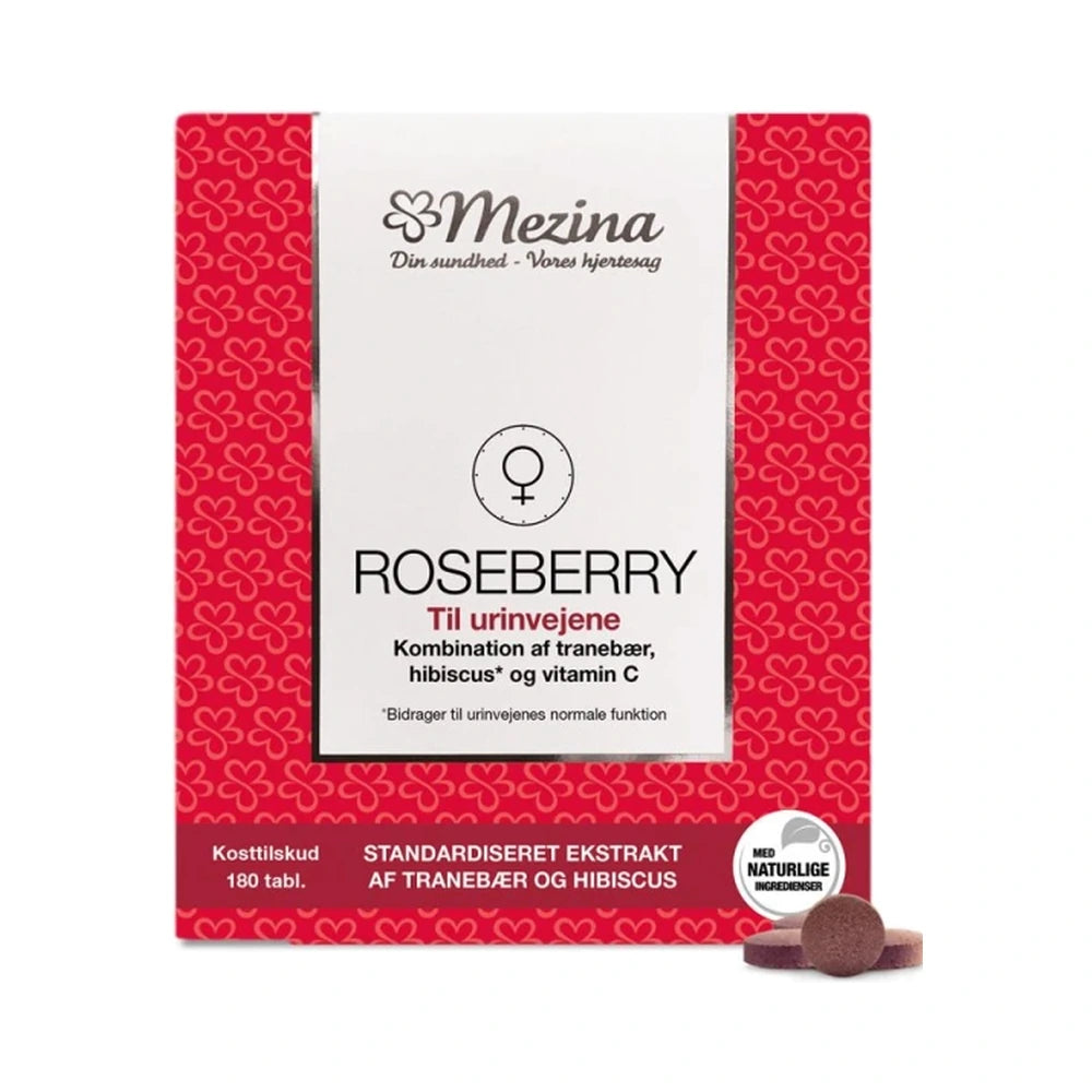 Pakning med Mezina Roseberry kosttilskud, 180 tabletter med tranebær, hibiscus og C-vitamin