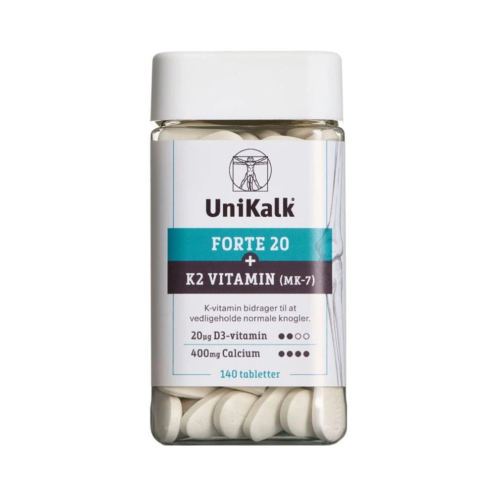 Pakning med UniKalk Forte 20 + K2 kalktilskud med K-vitamin og D-vitamin, 140 stk
